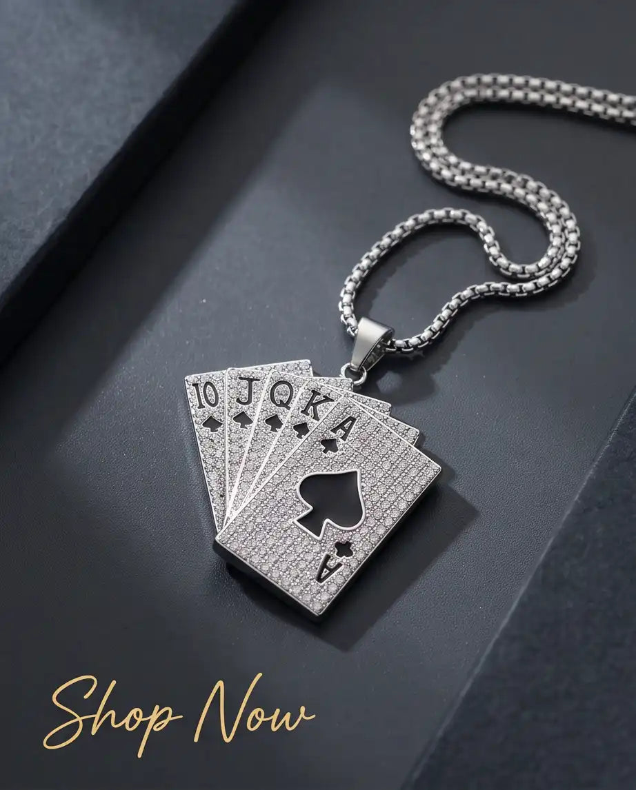Iced Royal Flush Playing Cards Pendant Silver Box Chain Necklace