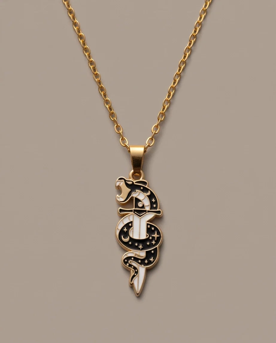 Gold Snake & Dagger Celestial Enamel Pendant Necklace