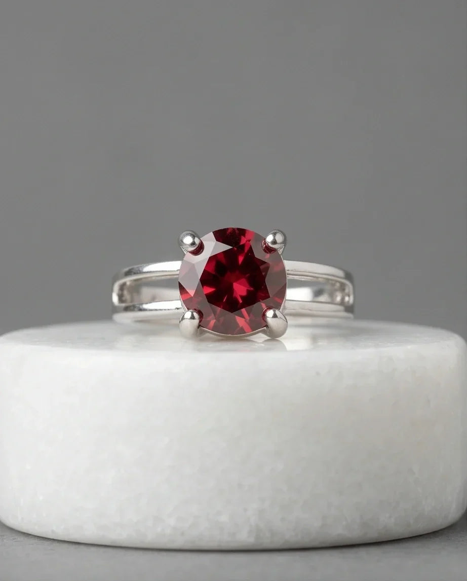 Sterling Silver Round-Cut Split Shank Garnet Red Solitaire Ring