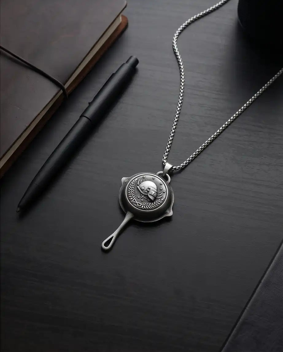PUBG Frying Pan & Helmet Emblem Silver Box Chain Necklace