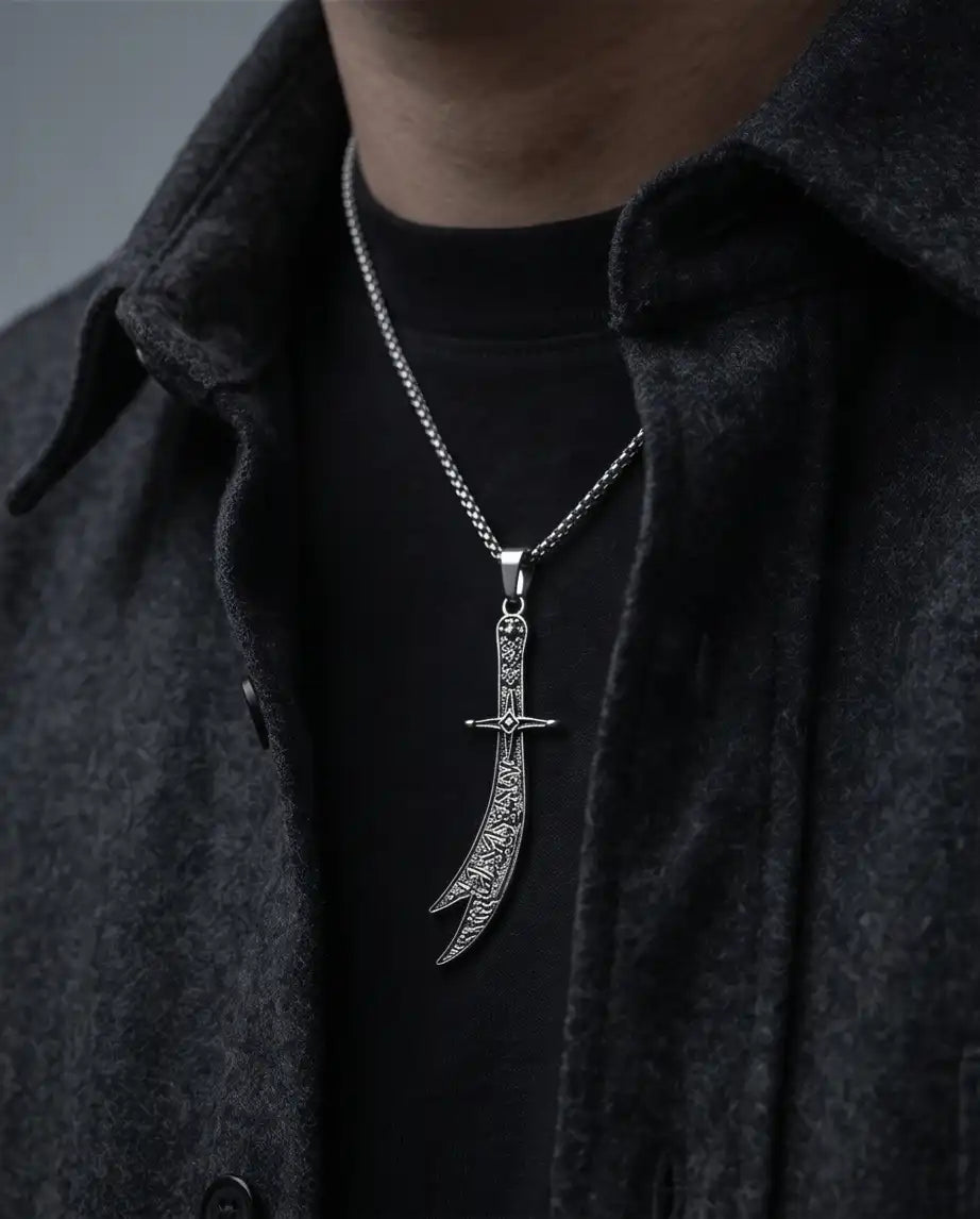 Antiqued Zulfiqar Sword Pendant Silver Box Chain Necklace