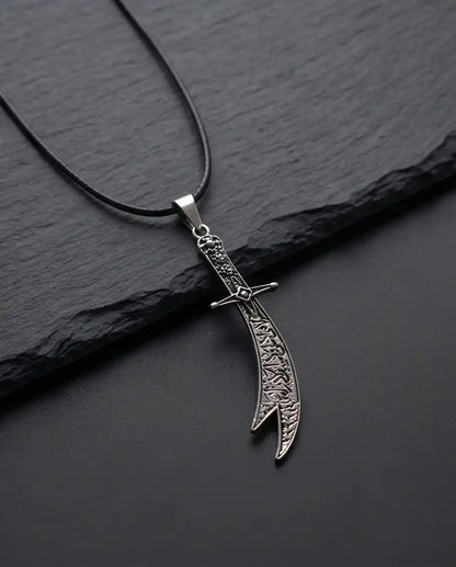 Antiqued Zulfiqar Sword Pendant Silver Box Chain Necklace