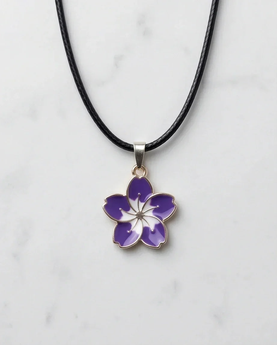 Elegant Purple and White Floral Enamel Pendant Necklace