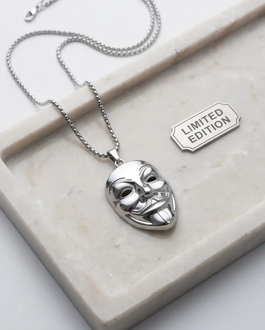 Guy Fawkes Masquerade Mask Pendant Silver Box Chain Necklace