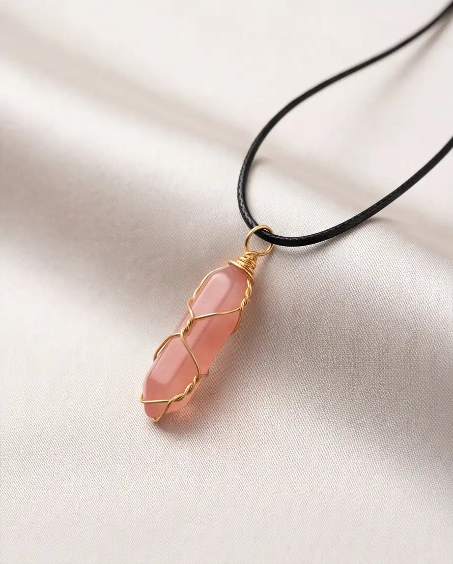 Wire-Wrapped Rose Quartz Crystal Point Pendant Box Chain