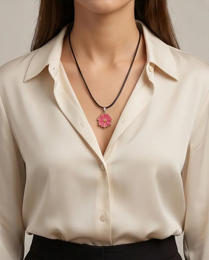 Pink Enamel Sunflower Pendant Necklace