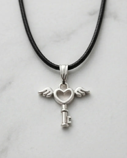 Silver Angel Wing Heart Key Necklace