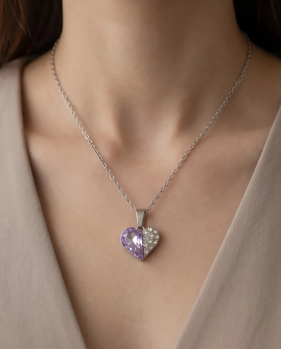 Silver Amethyst Heart Pavé Pendant Necklace