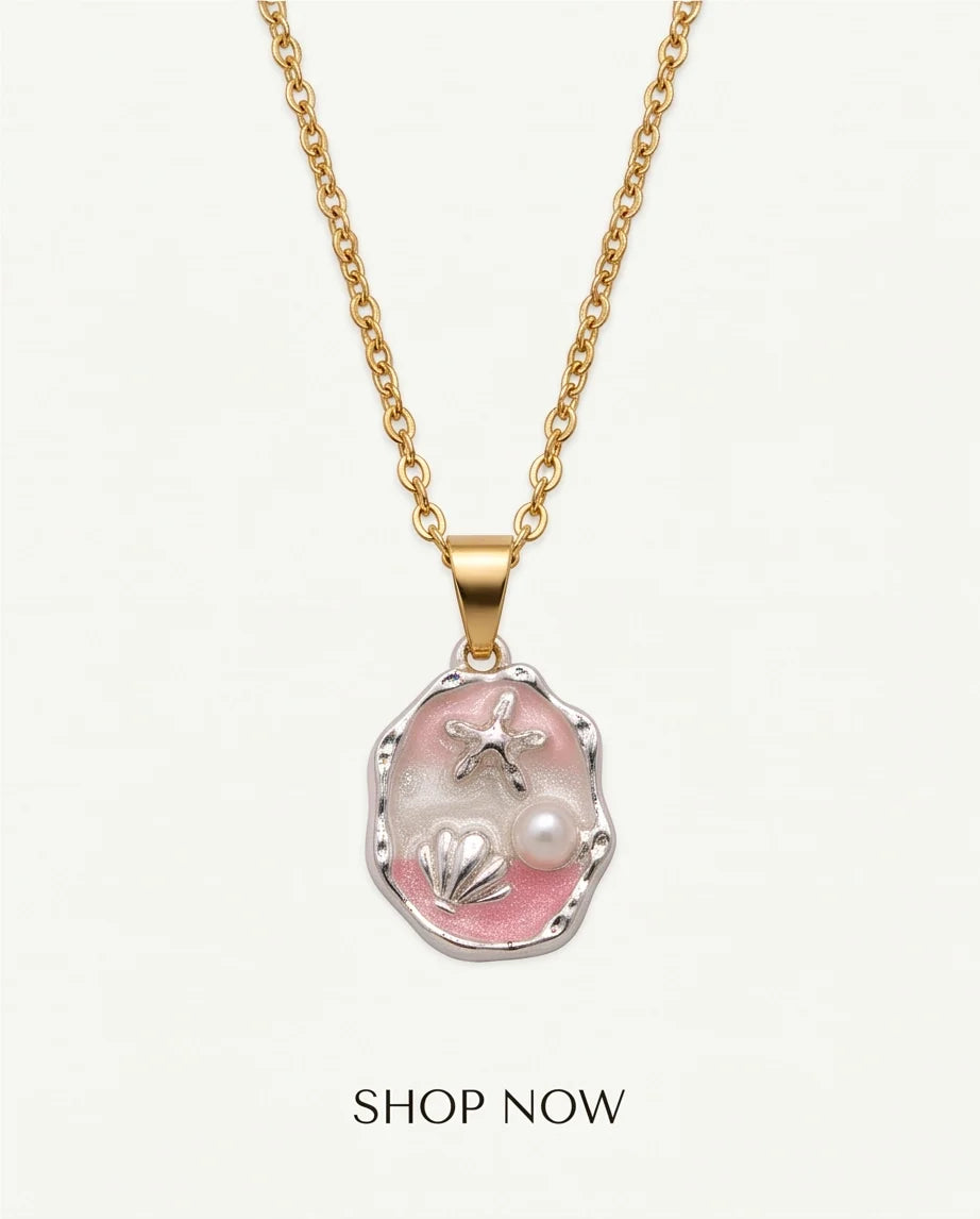 Silver Pink Seashell Starfish Pearl Enamel Medallion Chain Necklace