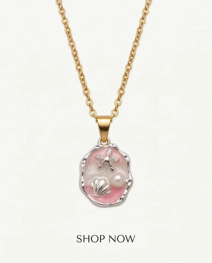 Silver Pink Seashell Starfish Pearl Enamel Medallion Chain Necklace