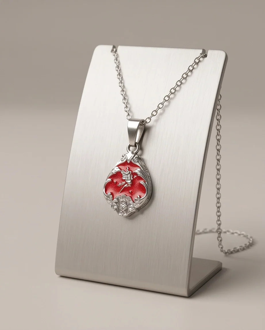 Silver Vintage Cherub Red Enamel Teardrop Pendant Necklace