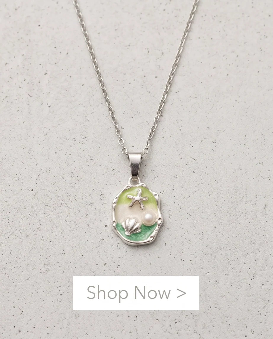 Silver Green Seashell Starfish Pearl Enamel Medallion Chain Necklace