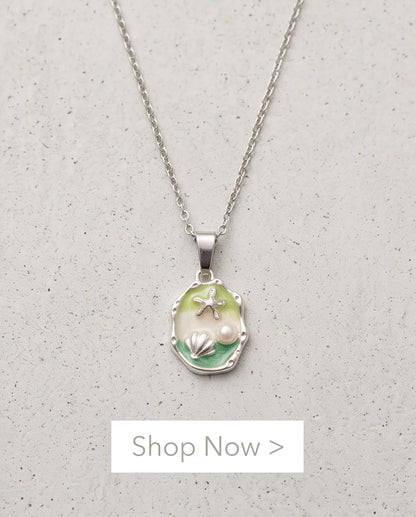 Silver Green Seashell Starfish Pearl Enamel Medallion Chain Necklace