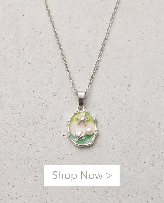 Silver Green Seashell Starfish Pearl Enamel Medallion Chain Necklace