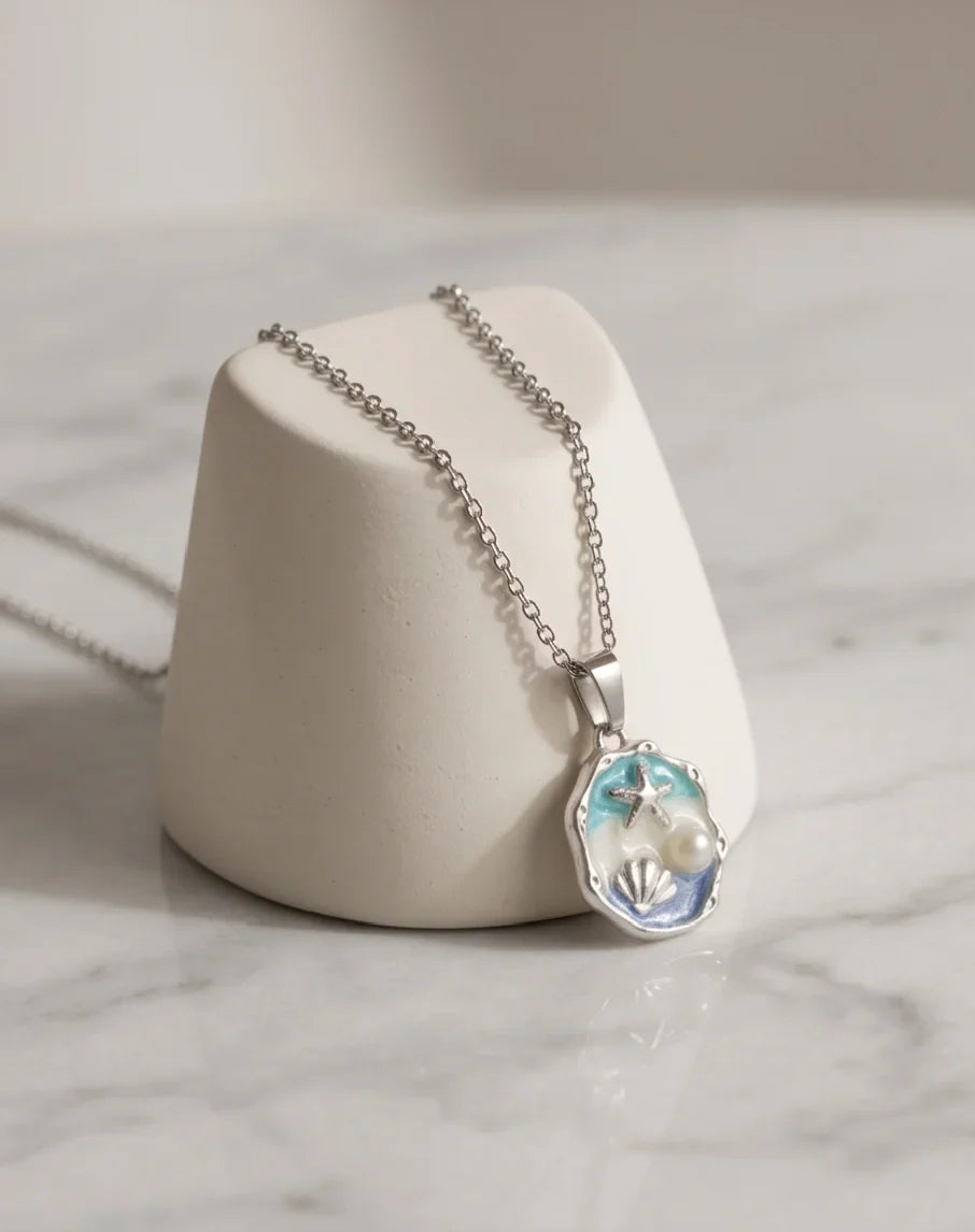 Silver Blue Seashell Starfish Pearl Enamel Medallion Chain Necklace