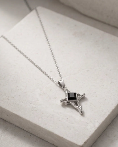 Silver Black Gemstone Gothic Cross Pendant Necklace