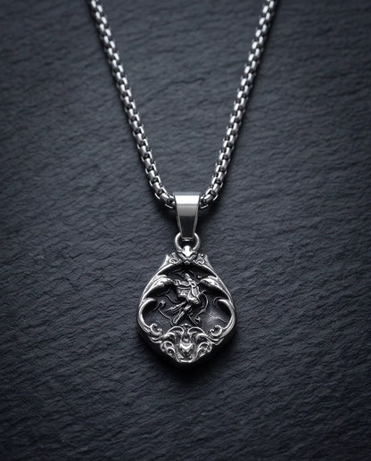 Silver Vintage Cherub Black Enamel Teardrop Pendant Necklace