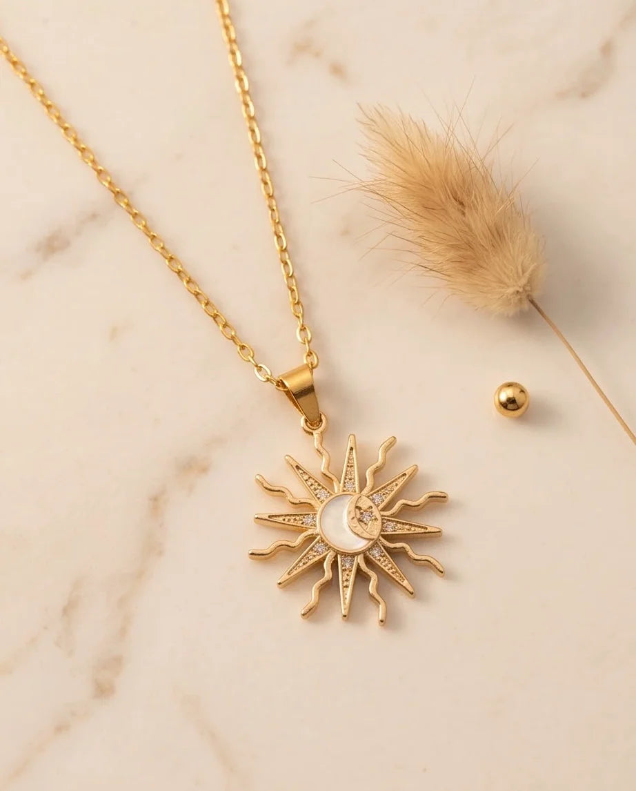 Gold Celestial Sun Moon Star Pendant Necklace