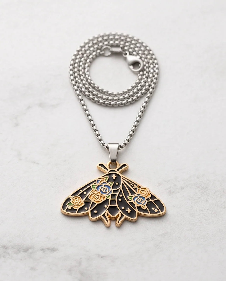 Gold Floral Moth Enamel Chain Necklace