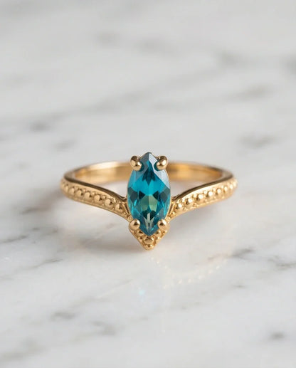 Vintage Gold Marquise London Blue Topaz Chevron Ring