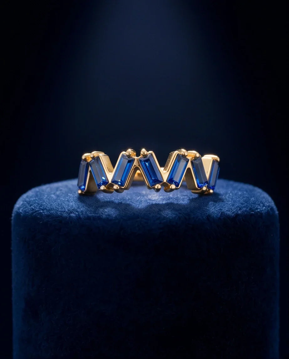 Gold Plated Blue Sapphire Baguette Zigzag Ring