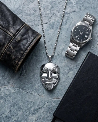 Guy Fawkes Masquerade Mask Pendant Silver Box Chain Necklace