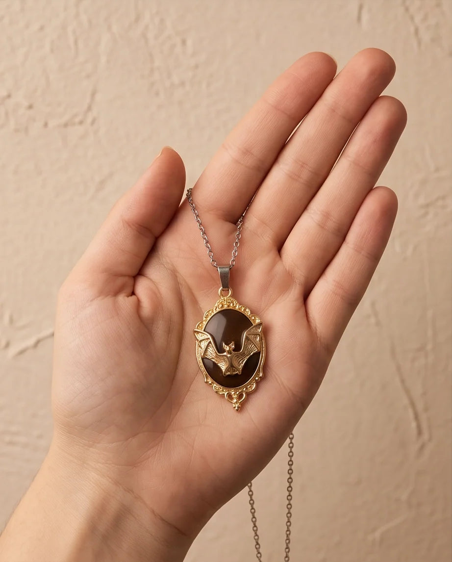 Gold Gothic Bat Black Enamel Medallion Chain Necklace