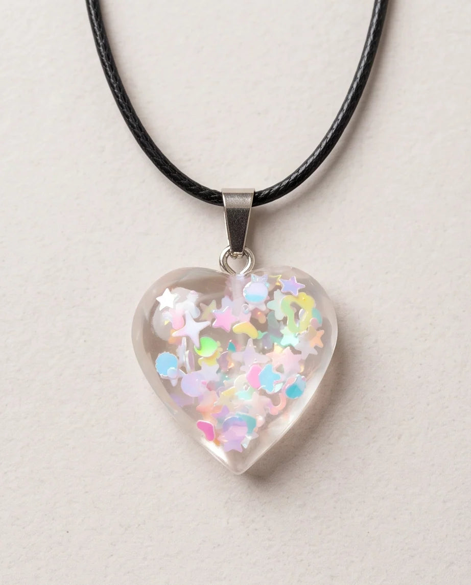 Silver Iridescent Confetti Clear Heart Resin Pendant Necklace