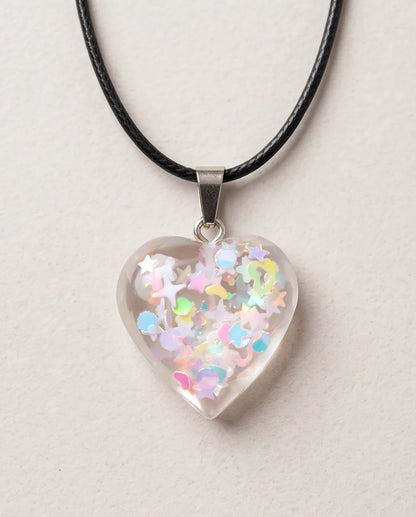 Silver Iridescent Confetti Clear Heart Resin Pendant Necklace