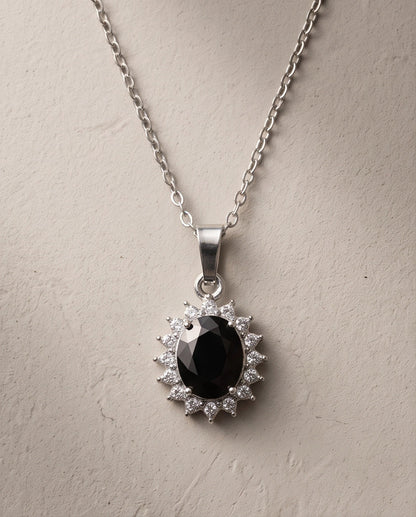 Silver Black Gem Oval Halo Medallion Pendant Necklace