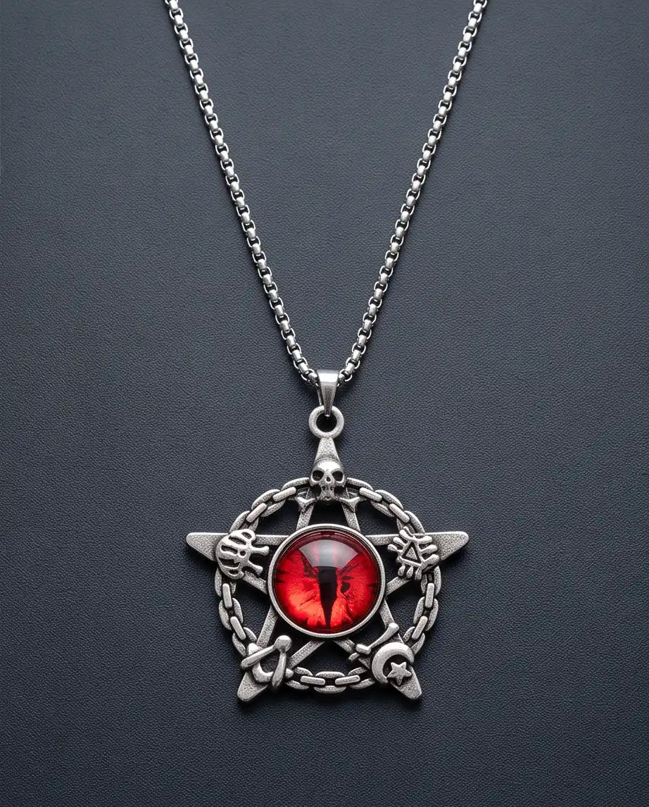 Red Dragon Eye Pentagram Occult Pendant Box Chain