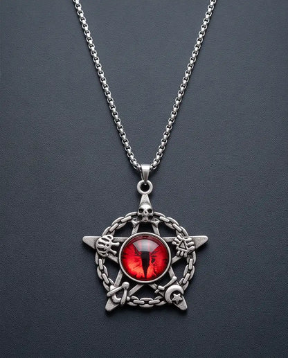 Red Dragon Eye Pentagram Occult Pendant Box Chain