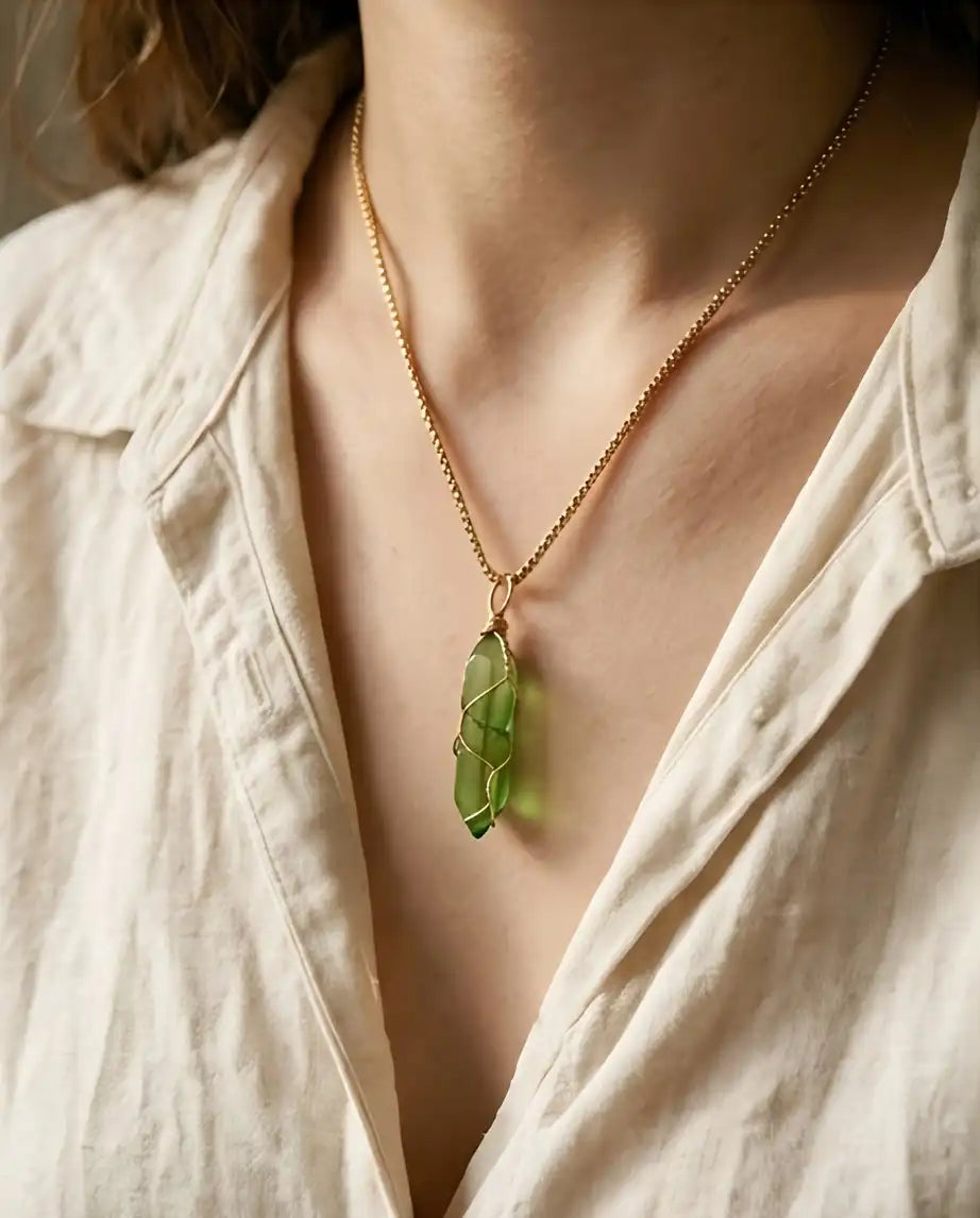 Wire-Wrapped Olive Green Crystal Point Pendant Box Chain