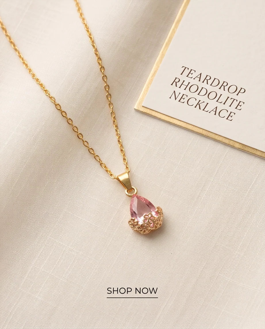 Gold Pink Teardrop Floral Basket Pendant Necklace