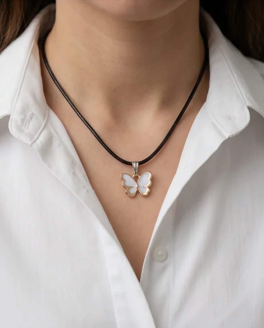 Gold and White Butterfly Pendant Necklace