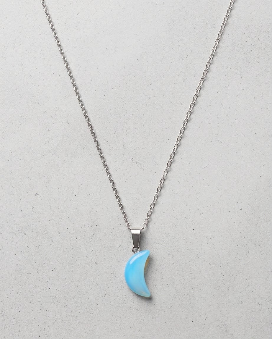 Silver Light Blue Crescent Moon Resin Pendant Necklace