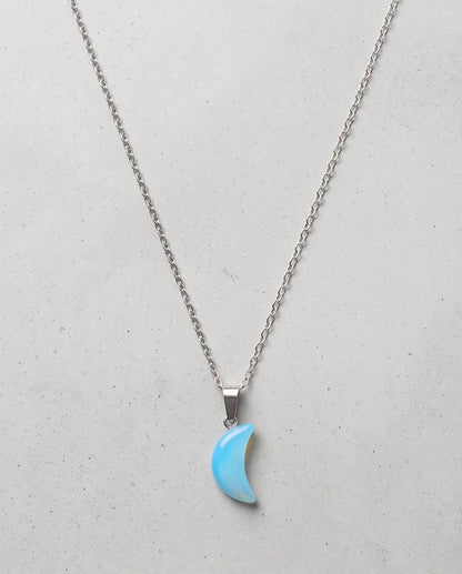 Silver Light Blue Crescent Moon Resin Pendant Necklace
