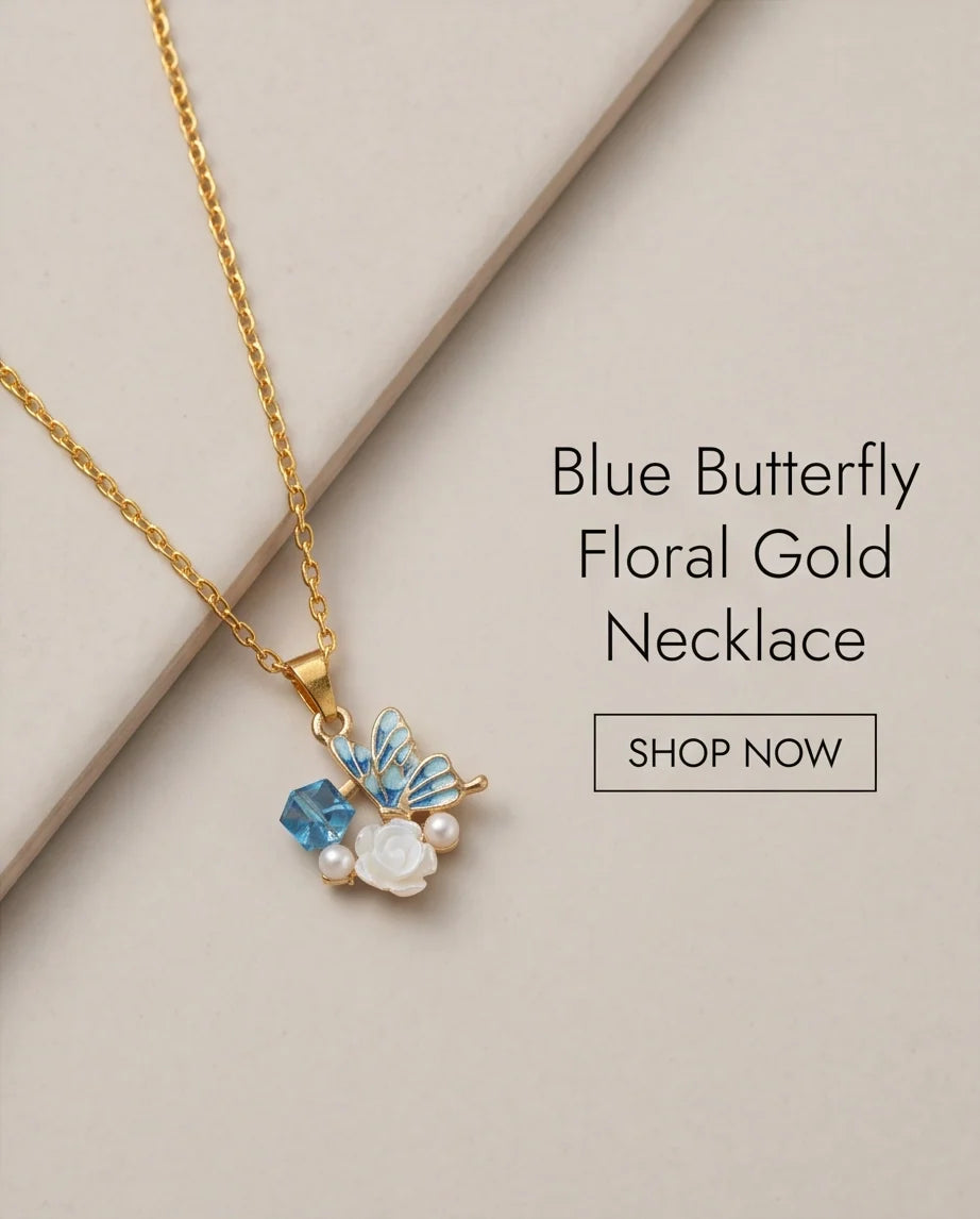 Gold Blue Enamel Butterfly & Pearl Rose Cluster Pendant Necklace
