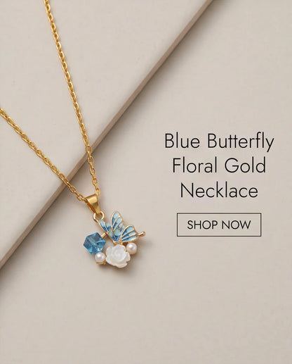 Gold Blue Enamel Butterfly & Pearl Rose Cluster Pendant Necklace