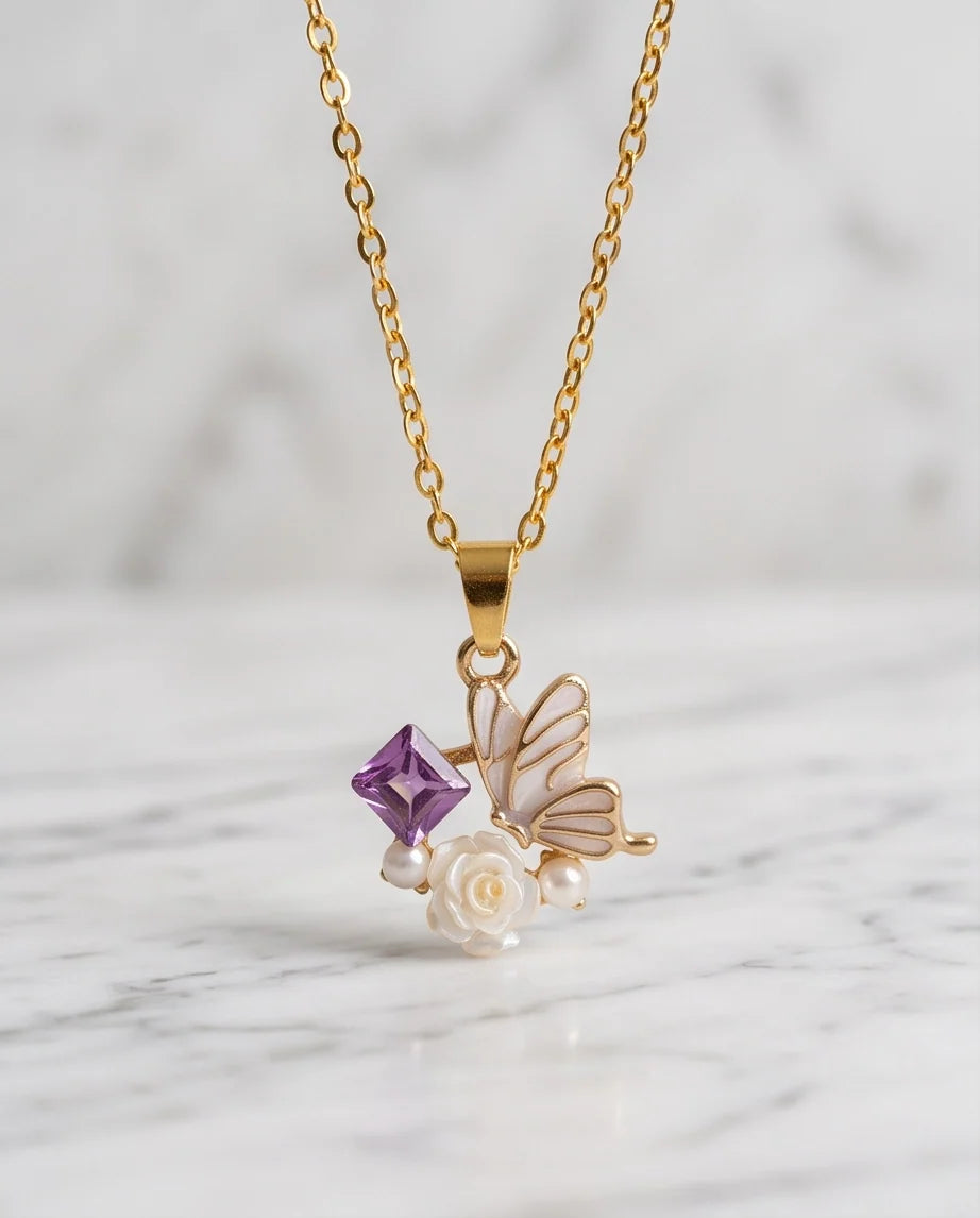 Gold Purple Enamel Butterfly & Pearl Rose Cluster Pendant Necklace