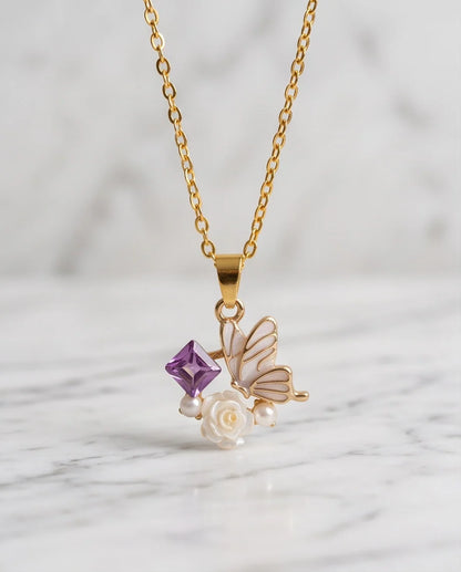 Gold Purple Enamel Butterfly & Pearl Rose Cluster Pendant Necklace