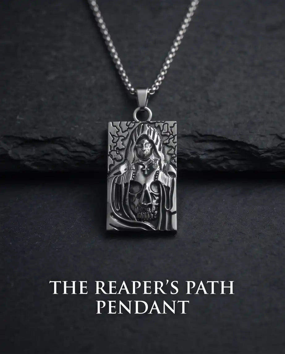 Hooded Grim Reaper Skull Dog Tag Pendant Box Chain