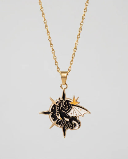 Gold Celestial Compass Dragon Black & White Enamel Pendant Necklace