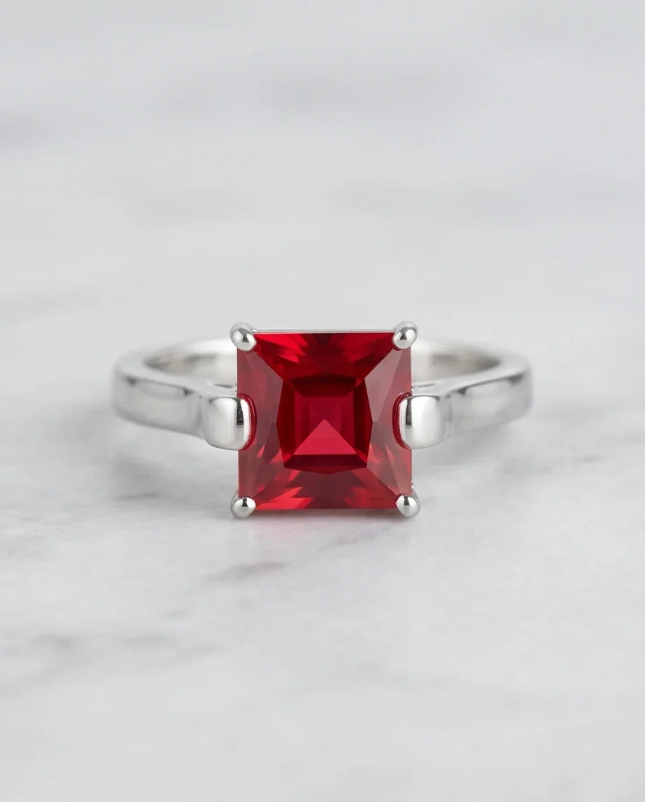 Sterling Silver Princess-Cut Red Ruby Solitaire Ring