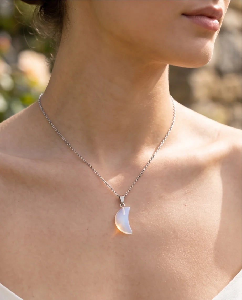 Silver Opalite Crescent Moon Pendant Necklace