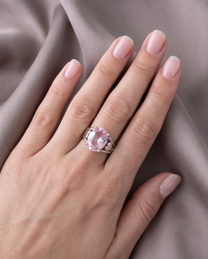 Silver Oval Pink Gemstone Heart Detail Solitaire Ring