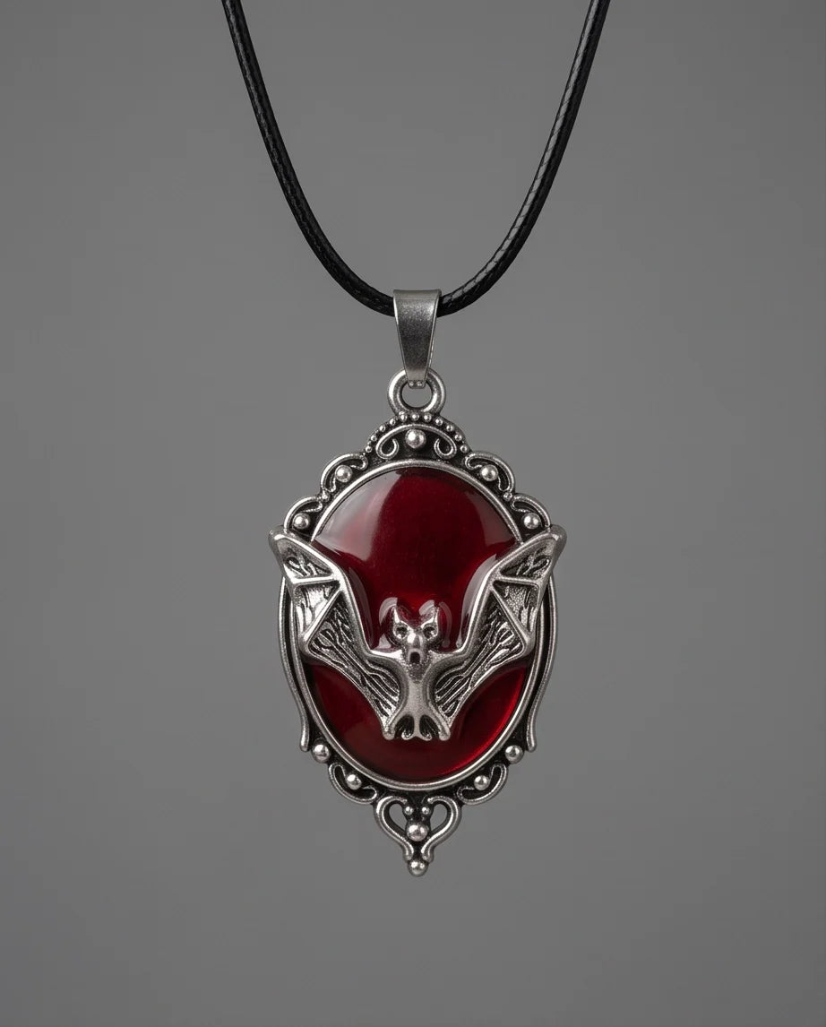 Antique Silver Gothic Bat Red Enamel Medallion Chain Necklace