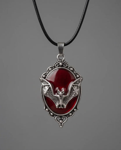 Antique Silver Gothic Bat Red Enamel Medallion Chain Necklace