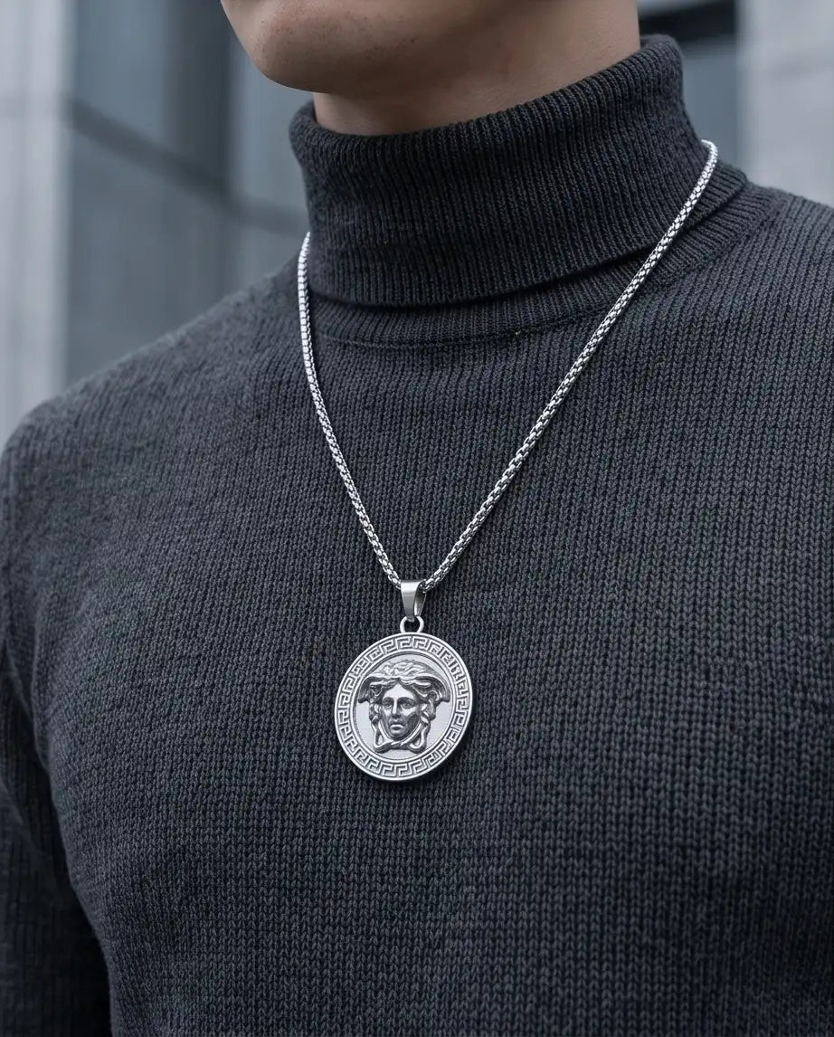 Greek Medusa Gorgon Medallion Pendant Box Chain