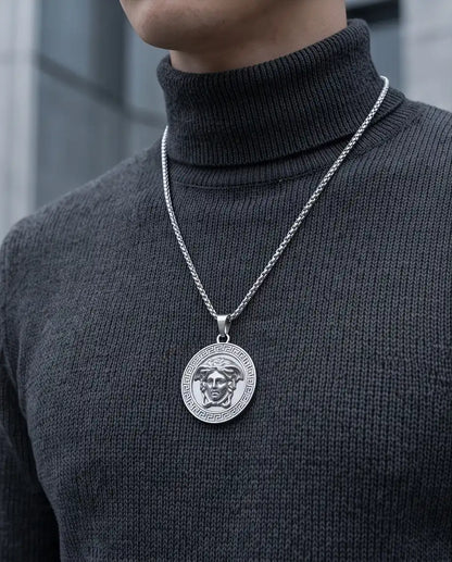 Greek Medusa Gorgon Medallion Pendant Box Chain